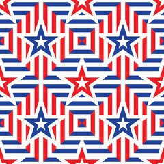 USA flag background design. Stars and stripes concept background. American Independence Day seamless pattern. Red, blue and white colors. Vector illustration. 