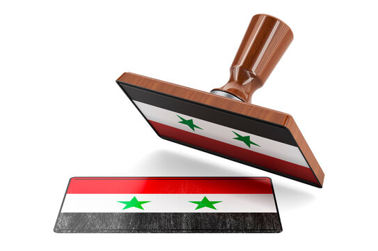 Wooden stamper, seal with Syrian flag, 3D rendering