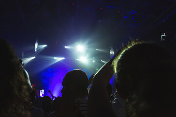 Silhouettes of a concert crowd in front of an illuminated stage in a nightclub. Smoke, concert spotlights.