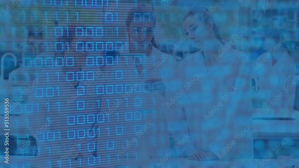 Poster animation of data processing over caucasian scientists talking in lab