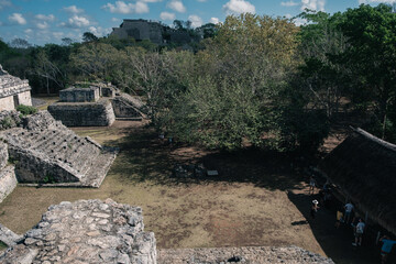 View above the jungle and the maya pyramids of Ek balam, Yucatan