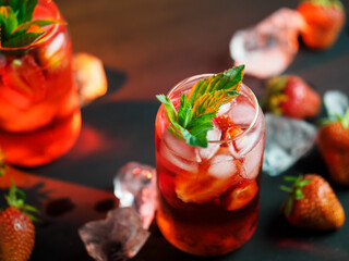 Strawberry refreshing mojito cocktail close up
