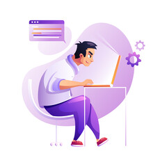 Programmer concentrated at working project. Developing programming and coding technologies. Screen with codes, developer at work with task. Geek coding software with laptop and pc. Isolated vector