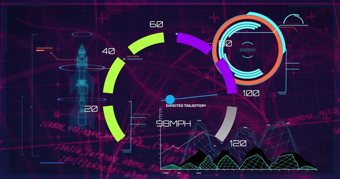 Animation of data processing and rocket schema over black background