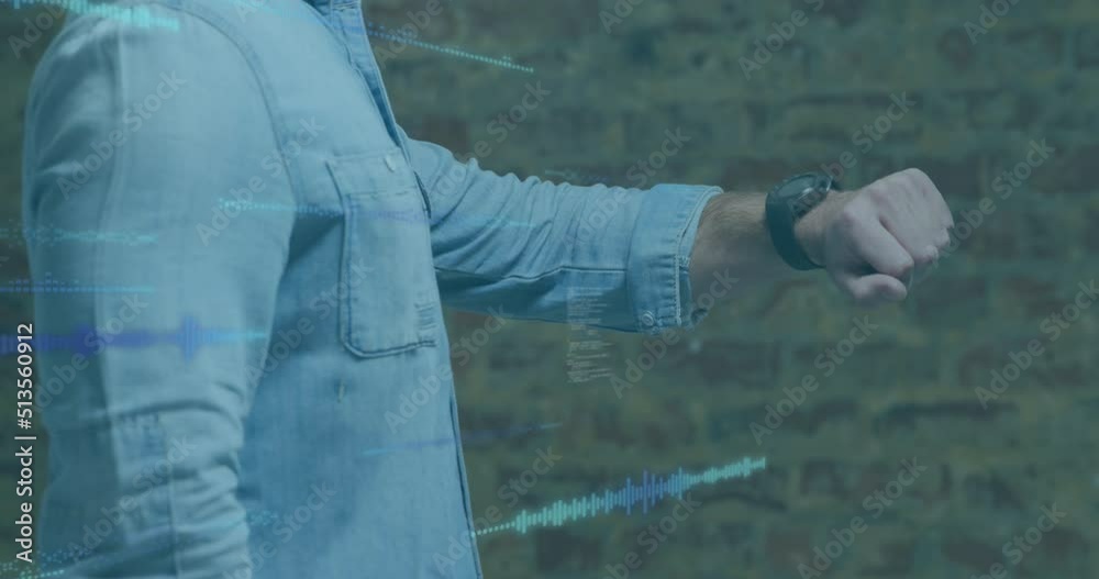 Poster animation of data processing on digital screen over midsection of caucasian man using smartwatch