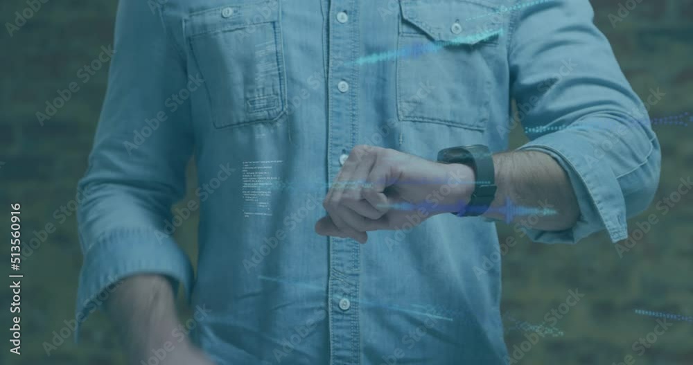 Poster animation of data processing on digital screen over midsection of caucasian man using smartwatch