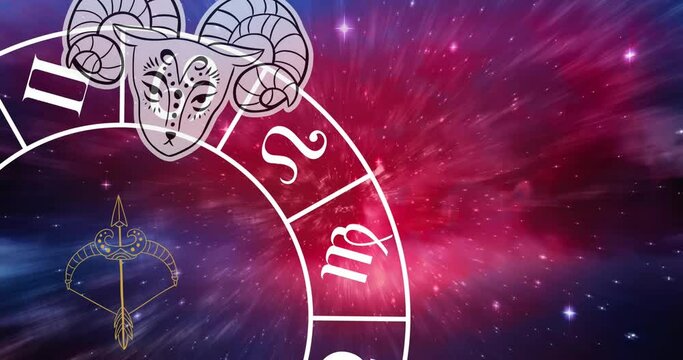 Animation of aries over rotating zodiac wheel over cosmos