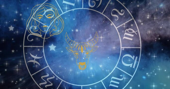 Animation of taurus over rotating zodiac wheel over cosmos