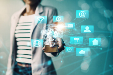 Consumer and business woman using a credit card for instant access to digital banking, internet payments and online shopping or metaverse across the globe with fintech software or crypto currency.