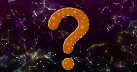 Animation of question mark icon over network of connections on black background - Powered by Adobe