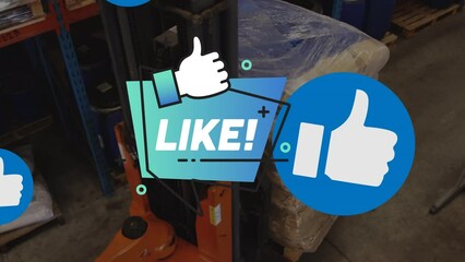 Animation of like with icons over caucasian man using forklift truck in warehouse - Powered by Adobe