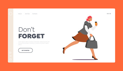 Office Worker Character Hurry Landing Page Template. Running Girl with Disposable Coffee Cup in Hand Late at Work