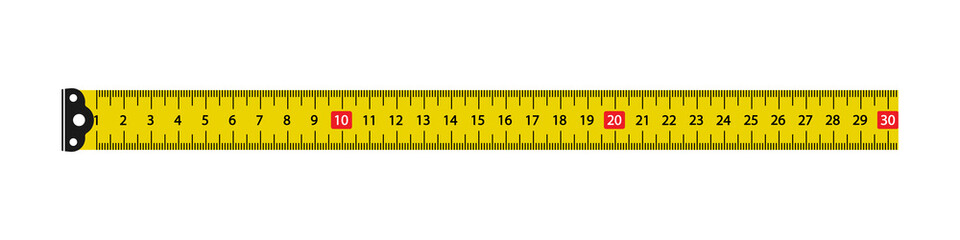 Yellow ruler with scale metric. Measure tape with 30 cm. Tapeline with millimeter and centimeter. Metal long measure tape with professional precision for construction and carpentry. Vector