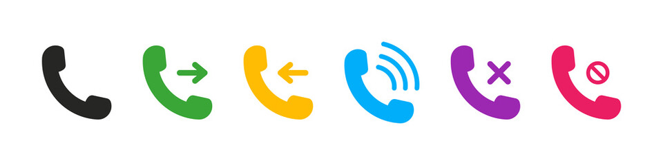 Call phone icon. Telephone call icons with symbol of caller, missed, decline, outgoing and incoming. Set of signs for support. Interface buttons for mobile connection. Vector