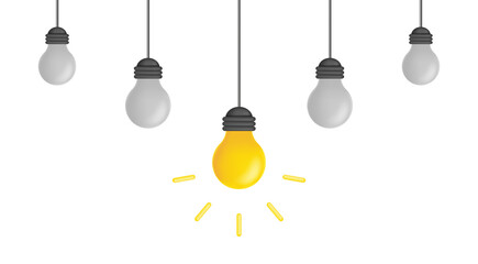 Lamp idea. 3d bulb icon for innovation, education and creative solution. Concept of intelligence, inspiration and invention. Yellow lightbulb for creativity and motivation. Vector