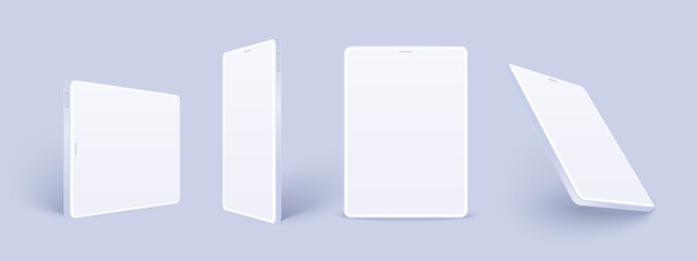 White tablet mockup isolated with shadow. 3D clay pad template set in different angles, vertical and horizontal tab with blank screen. Realistic ebook concept for web design or ux app.