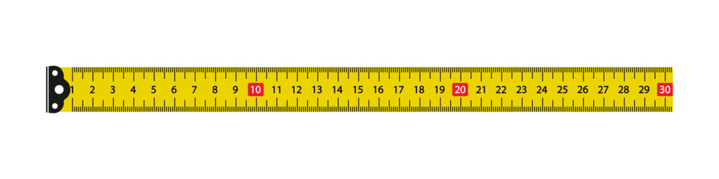 Yellow ruler with scale metric. Measure tape with 30 cm. Tapeline with millimeter and centimeter. Metal long measure tape with professional precision for construction and carpentry. Vector