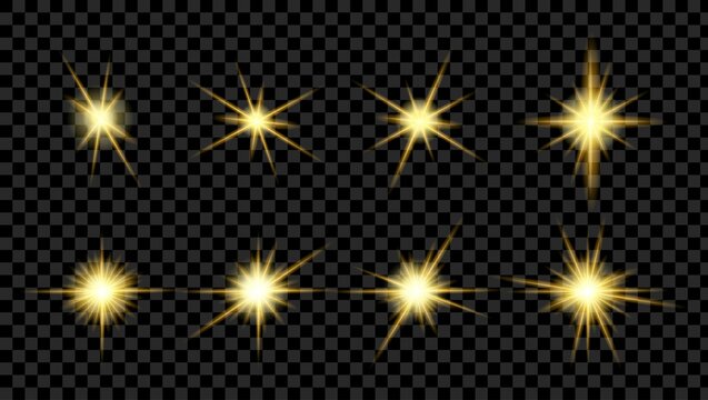 Yellow glare. Flare light of stars and lens. Burst with bright gold effect flashes. Glitter from spark, star and sun. Set of glows from camera, sunlight isolated on transparent background. Vector