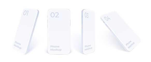 White phone mockup in different angles isolated. Clay mobile standing template to show your interface design. Realistic 3d vector illustration.