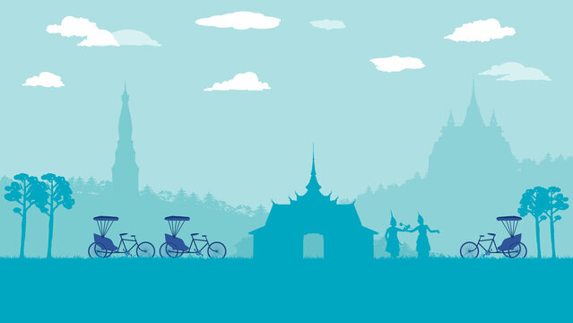 flat cartoon of Thai vintage tricycle at Thailand