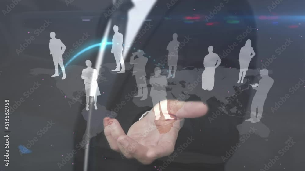 Poster animation of social media icons arrows and data processing over three scope scanning