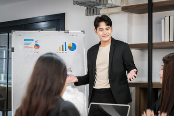 An Asian businessman is presenting his company performance report to his boss or group of male and female colleagues with confidence and professionalism.