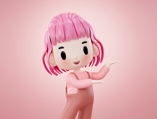 3d illustration.A woman opens her hand to suggest an empty space.