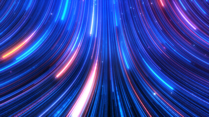 Abstract colorful glow light trail with blue red particles background. © kokotewan