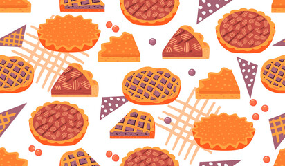 Seamless pattern with sweet pies with different fillings.Baked desserts whole and pieces.Culinary background for printing on fabric and paper.Vector hand drawn isolated illustration for design card. © Alla