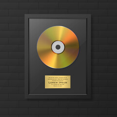 Realistic Vector 3d Golden Yellow CD and Label with Black Frame on Black Brick Wall. Single Album Compact Disc Award, Limited Edition. Design Template