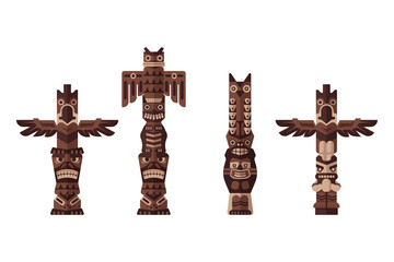 Set of stylized Native American totems. Flat vector illustration Isolated  on white background. - obrazy, fototapety, plakaty