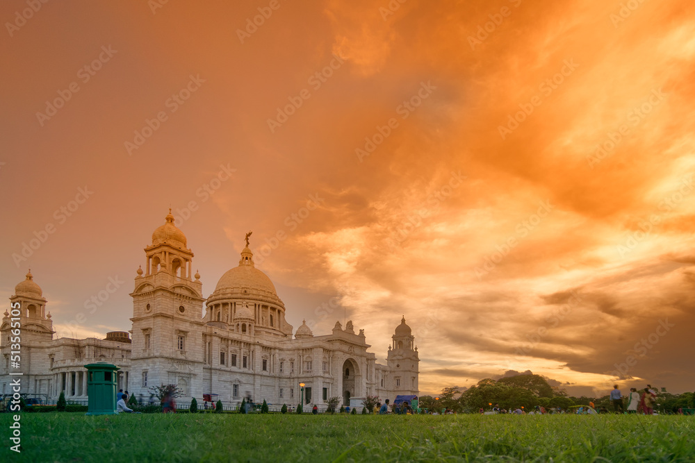 Sticker Sunset at Victoria Memorial, Kolkata , Calcutta, West Bengal, India . A Historical Monument of Indian Architecture. Built to commemorate Queen Victoria's 25 years reign in India.