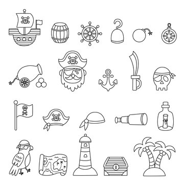 Set of black and white pirate elements. Coloring page.