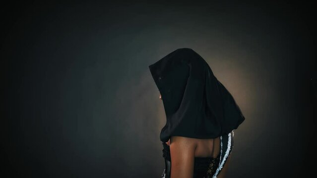 Fantasy portrait african american sexy woman queen priestess of night. tiara diadem crown silver moon hood on head. Creative black design. Voodoo witch girl sexy looks into camera. halloween costume
