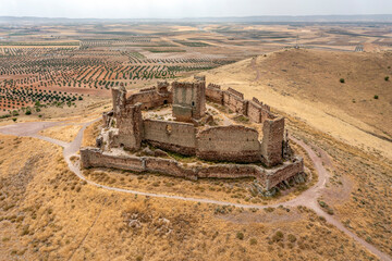 Aerial view of ruined medieval Almonacid Castle (Castillo de Almonacid), Castilla-La Mancha, Spain