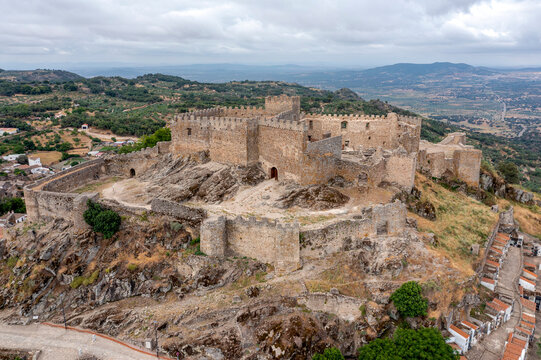 The ancient castle of montanchez near Caceres, Extremadura, Spain, freely accessible to tourists, is situated on top of a mountain