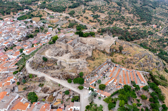 The ancient castle of montanchez near Caceres, Extremadura, Spain, freely accessible to tourists, is situated on top of a mountain