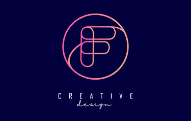 Gradient outline letter F logo with circle frame and monogram design. Letter F with geometric design.