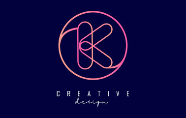 Gradient outline letter K logo with circle frame and monogram design. Letter K with geometric design.