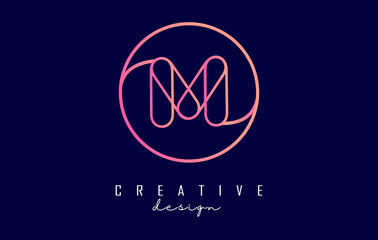 Gradient outline letter M logo with circle frame and monogram design. Letter M with geometric design.