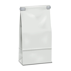 Blank white tin tie paper bag vector mockup. Reclosable packaging pouch for coffee, tea, snacks and other food products realistic mock-up