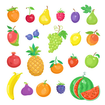 Set of colorful fresh fruits. In cartoon style. Isolated on white background. Vector flat illustration.