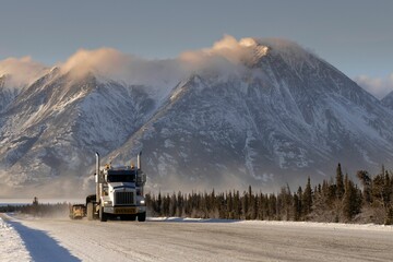 Oversize load truck in the road with forests and snowy mountains in Whitehorse, Yukon, Canada