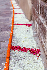 Marigold flower decorations of a royal wedding in the Mehrangarh fort in Jodhpur, Rajasthan, India,...