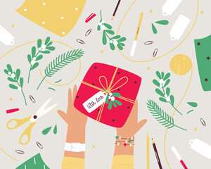 Christmas gift wrapping on the table, top view. Preparing to celebrate Christmas or New Year. Top view table with scissors, decoration and tree branches. Flat vector illustration