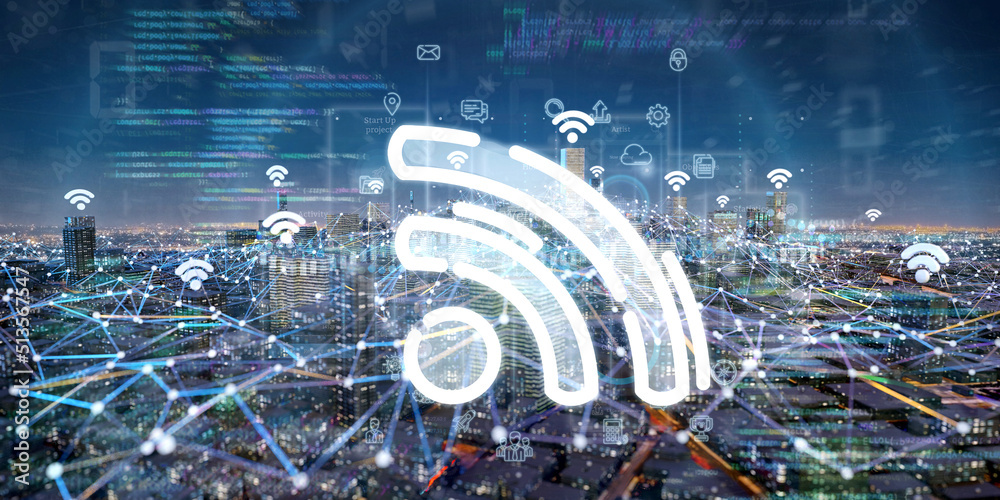 Poster smart city with wifi network and communication connection - 3d rendering