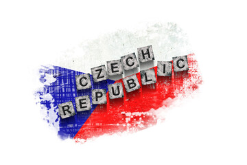 Czech Republic, words on stone blocks, on grunge background of Czech Republic flag. Isolated on white background. Design element. Signs and symbols.