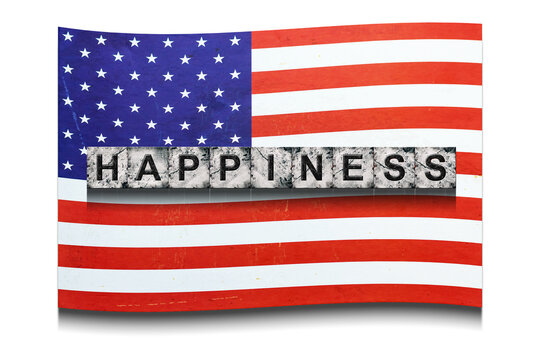 Happyness. Word on stone blocks, on the background of the flag of America. Isolated on white background. Design element. Vacation.