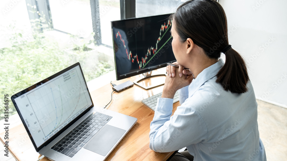 Poster Businesswoman investor having planning and analyzing graph data with display screen the data presented and deal on a stock exchange