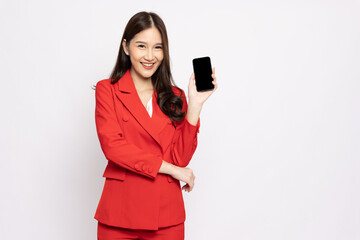 Portrait of Asian business woman showing or presenting mobile phone application isolated over white...